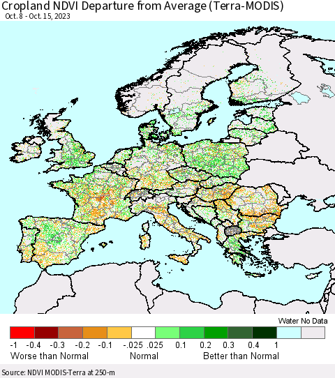 Europe Cropland NDVI Departure from Average (Terra-MODIS) Thematic Map For 10/8/2023 - 10/15/2023