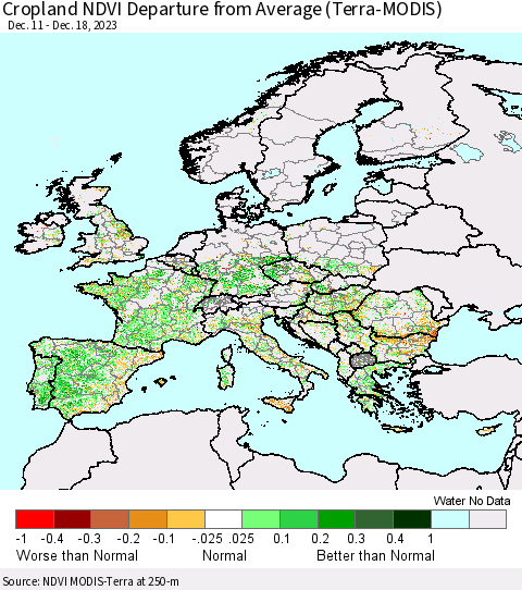 Europe Cropland NDVI Departure from Average (Terra-MODIS) Thematic Map For 12/11/2023 - 12/18/2023