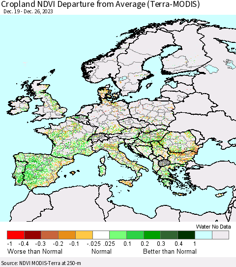 Europe Cropland NDVI Departure from Average (Terra-MODIS) Thematic Map For 12/19/2023 - 12/26/2023