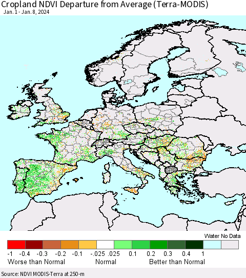 Europe Cropland NDVI Departure from Average (Terra-MODIS) Thematic Map For 1/1/2024 - 1/8/2024