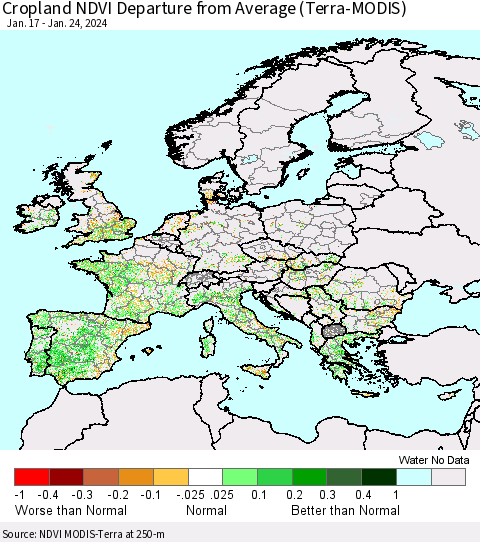 Europe Cropland NDVI Departure from Average (Terra-MODIS) Thematic Map For 1/17/2024 - 1/24/2024