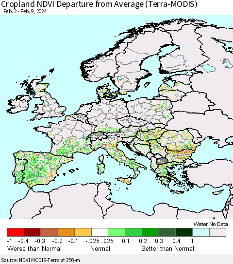 Europe Cropland NDVI Departure from Average (Terra-MODIS) Thematic Map For 2/2/2024 - 2/9/2024