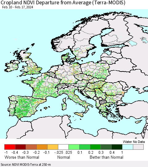 Europe Cropland NDVI Departure from Average (Terra-MODIS) Thematic Map For 2/10/2024 - 2/17/2024