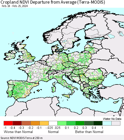 Europe Cropland NDVI Departure from Average (Terra-MODIS) Thematic Map For 2/18/2024 - 2/25/2024