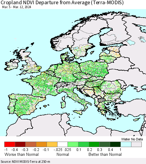 Europe Cropland NDVI Departure from Average (Terra-MODIS) Thematic Map For 3/5/2024 - 3/12/2024