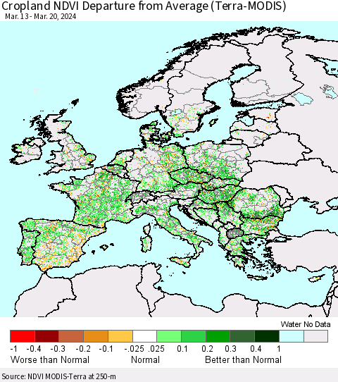 Europe Cropland NDVI Departure from Average (Terra-MODIS) Thematic Map For 3/13/2024 - 3/20/2024
