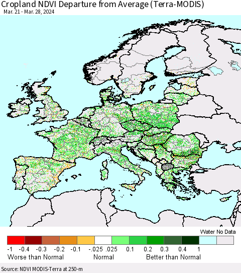 Europe Cropland NDVI Departure from Average (Terra-MODIS) Thematic Map For 3/21/2024 - 3/28/2024