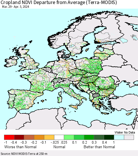 Europe Cropland NDVI Departure from Average (Terra-MODIS) Thematic Map For 3/29/2024 - 4/5/2024