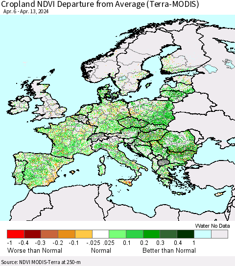 Europe Cropland NDVI Departure from Average (Terra-MODIS) Thematic Map For 4/6/2024 - 4/13/2024