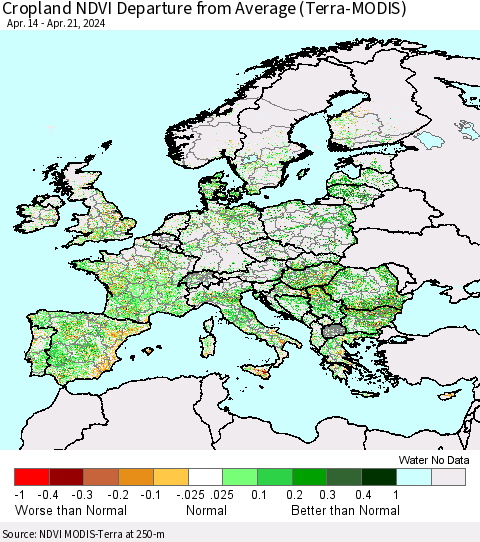 Europe Cropland NDVI Departure from Average (Terra-MODIS) Thematic Map For 4/14/2024 - 4/21/2024