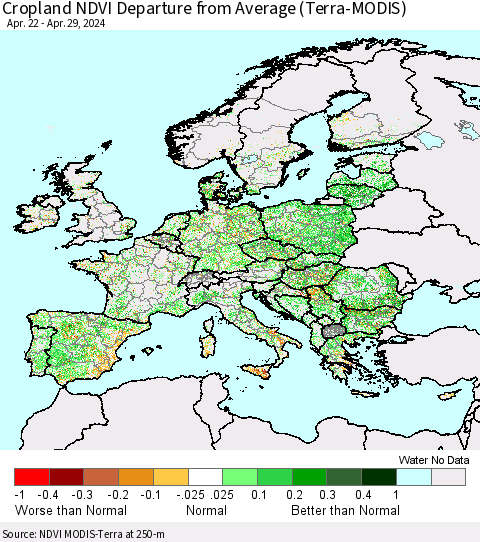 Europe Cropland NDVI Departure from Average (Terra-MODIS) Thematic Map For 4/22/2024 - 4/29/2024