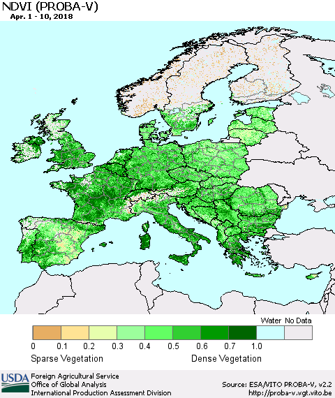 Europe NDVI (PROBA-V) Thematic Map For 4/1/2018 - 4/10/2018