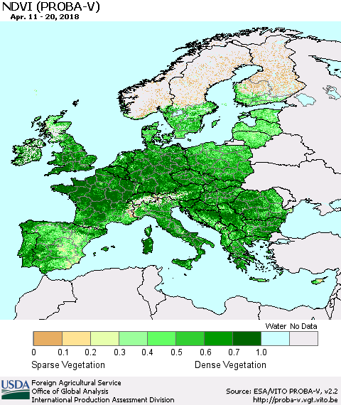 Europe NDVI (PROBA-V) Thematic Map For 4/11/2018 - 4/20/2018