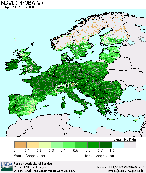 Europe NDVI (PROBA-V) Thematic Map For 4/21/2018 - 4/30/2018
