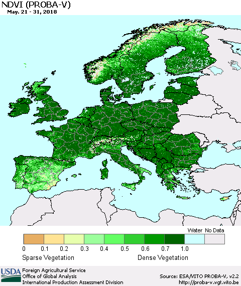 Europe NDVI (PROBA-V) Thematic Map For 5/21/2018 - 5/31/2018