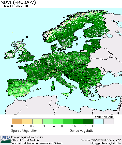 Europe NDVI (PROBA-V) Thematic Map For 6/11/2018 - 6/20/2018