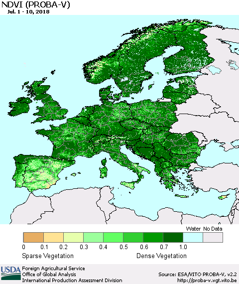 Europe NDVI (PROBA-V) Thematic Map For 7/1/2018 - 7/10/2018