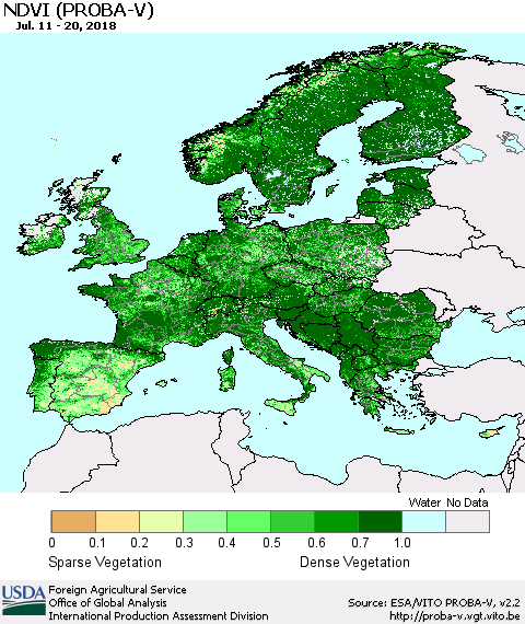 Europe NDVI (PROBA-V) Thematic Map For 7/11/2018 - 7/20/2018