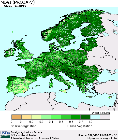 Europe NDVI (PROBA-V) Thematic Map For 7/21/2018 - 7/31/2018