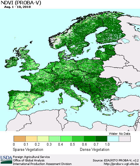 Europe NDVI (PROBA-V) Thematic Map For 8/1/2018 - 8/10/2018