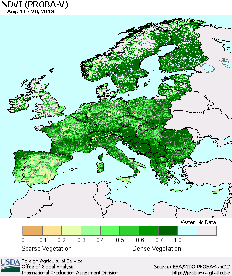 Europe NDVI (PROBA-V) Thematic Map For 8/11/2018 - 8/20/2018