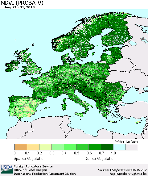 Europe NDVI (PROBA-V) Thematic Map For 8/21/2018 - 8/31/2018