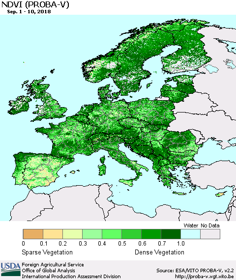 Europe NDVI (PROBA-V) Thematic Map For 9/1/2018 - 9/10/2018