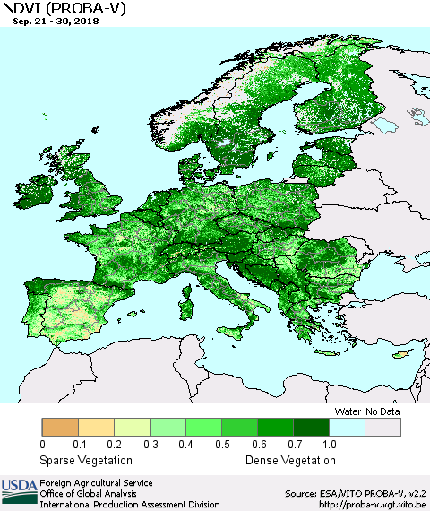 Europe NDVI (PROBA-V) Thematic Map For 9/21/2018 - 9/30/2018