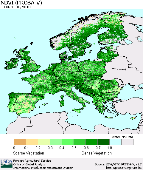Europe NDVI (PROBA-V) Thematic Map For 10/1/2018 - 10/10/2018