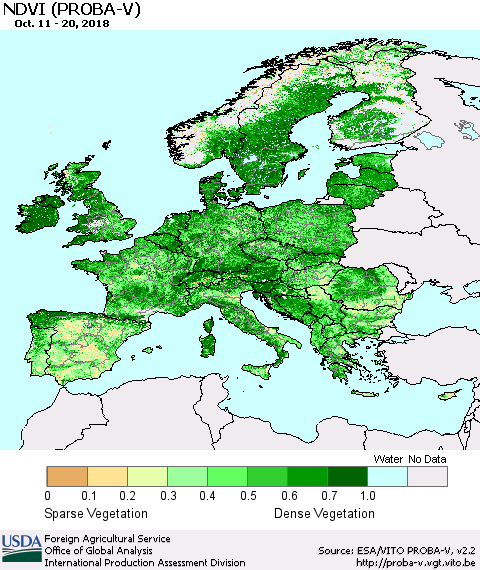 Europe NDVI (PROBA-V) Thematic Map For 10/11/2018 - 10/20/2018