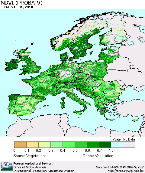 Europe NDVI (PROBA-V) Thematic Map For 10/21/2018 - 10/31/2018