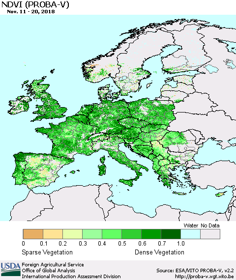 Europe NDVI (PROBA-V) Thematic Map For 11/11/2018 - 11/20/2018
