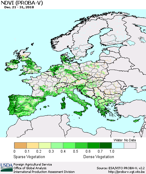 Europe NDVI (PROBA-V) Thematic Map For 12/21/2018 - 12/31/2018