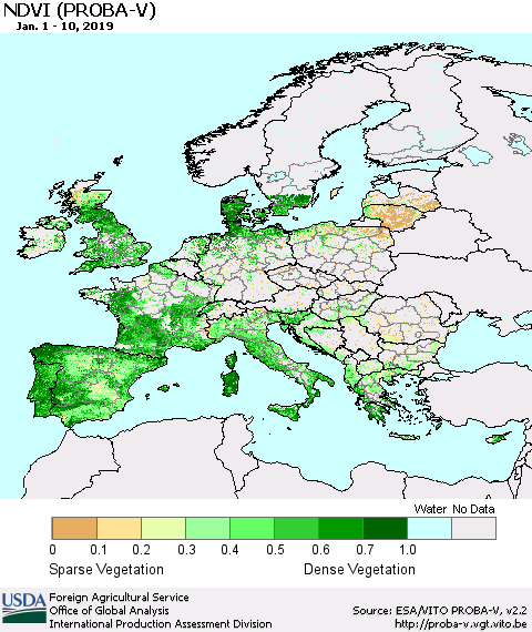 Europe NDVI (PROBA-V) Thematic Map For 1/1/2019 - 1/10/2019