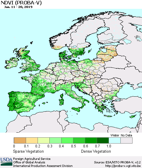 Europe NDVI (PROBA-V) Thematic Map For 1/11/2019 - 1/20/2019