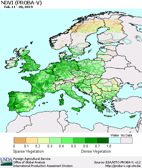 Europe NDVI (PROBA-V) Thematic Map For 2/11/2019 - 2/20/2019