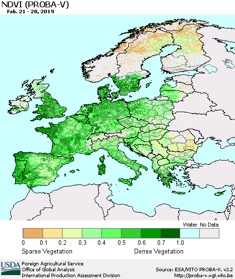 Europe NDVI (PROBA-V) Thematic Map For 2/21/2019 - 2/28/2019