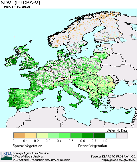 Europe NDVI (PROBA-V) Thematic Map For 3/1/2019 - 3/10/2019