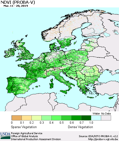 Europe NDVI (PROBA-V) Thematic Map For 3/11/2019 - 3/20/2019