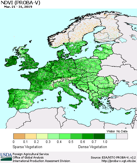 Europe NDVI (PROBA-V) Thematic Map For 3/21/2019 - 3/31/2019