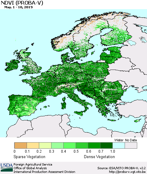 Europe NDVI (PROBA-V) Thematic Map For 5/1/2019 - 5/10/2019