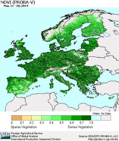 Europe NDVI (PROBA-V) Thematic Map For 5/11/2019 - 5/20/2019