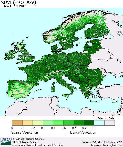 Europe NDVI (PROBA-V) Thematic Map For 6/1/2019 - 6/10/2019