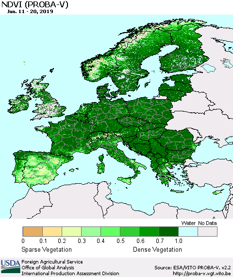 Europe NDVI (PROBA-V) Thematic Map For 6/11/2019 - 6/20/2019