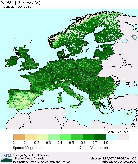 Europe NDVI (PROBA-V) Thematic Map For 6/21/2019 - 6/30/2019