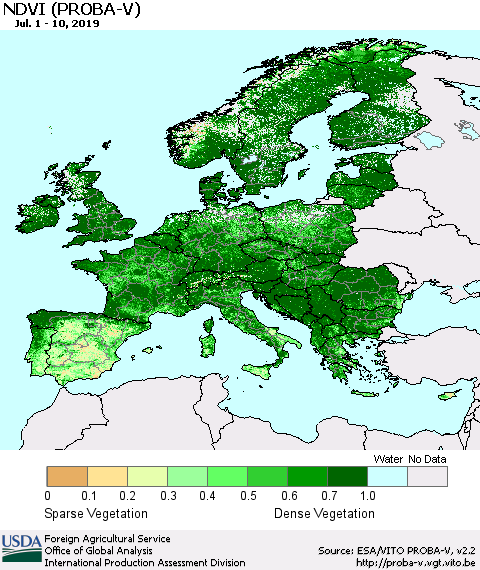 Europe NDVI (PROBA-V) Thematic Map For 7/1/2019 - 7/10/2019