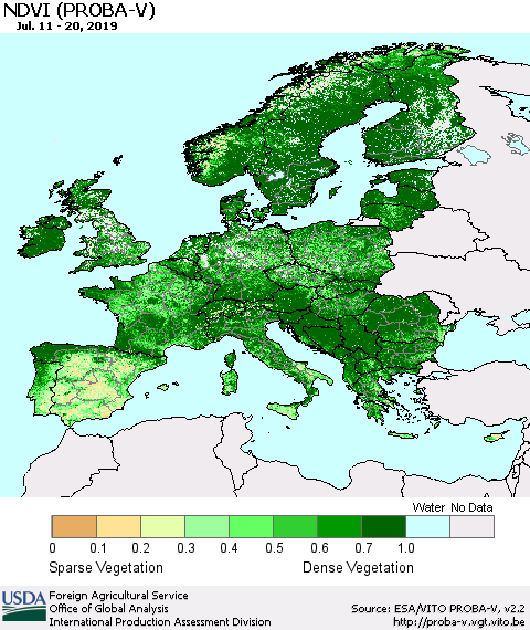 Europe NDVI (PROBA-V) Thematic Map For 7/11/2019 - 7/20/2019