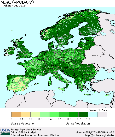Europe NDVI (PROBA-V) Thematic Map For 7/21/2019 - 7/31/2019