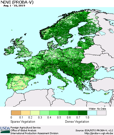 Europe NDVI (PROBA-V) Thematic Map For 8/1/2019 - 8/10/2019