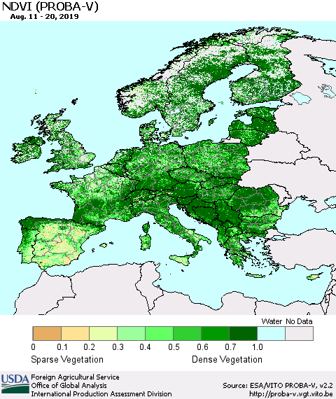 Europe NDVI (PROBA-V) Thematic Map For 8/11/2019 - 8/20/2019
